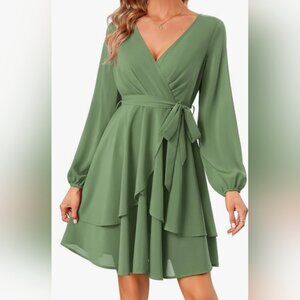 New with tag! Kojooin Womens small flowy ruffle green long sleeve feminine Dress
